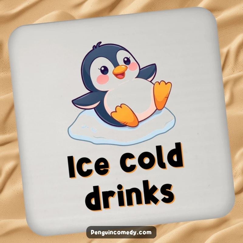 Funny happy penguin sliding down a small ice slope on its belly, featured on drink coasters for winter fun.