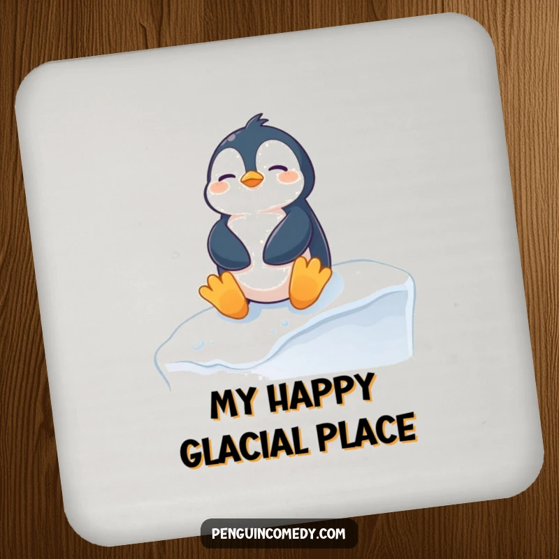 Funny penguin coaster depicting a content penguin sunbathing on a snowy ledge, adding hilarious winter decor to any surface.