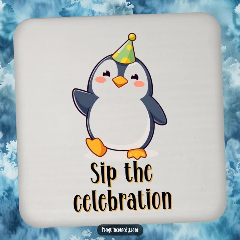 Funny cute penguin wearing a party hat, waddling joyfully, designed for a protective and funny drink coaster for a funny gift.
