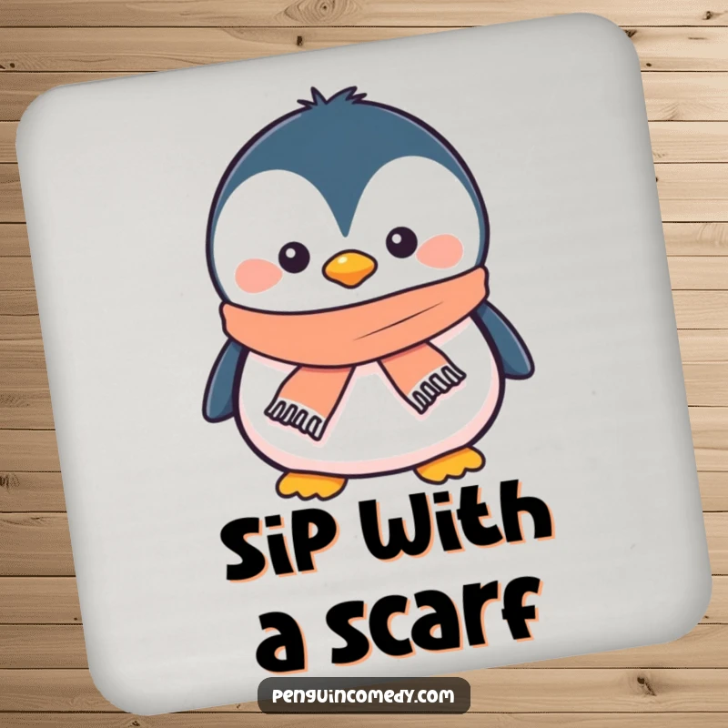 Funny penguin drink coaster with a smiling penguin wearing a tiny scarf, adding cozy winter decor to surfaces.