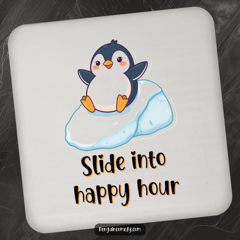Funny Drink Coaster with a cheerful penguin sliding down an icy hill, protecting surfaces with style, a charming funny gift.