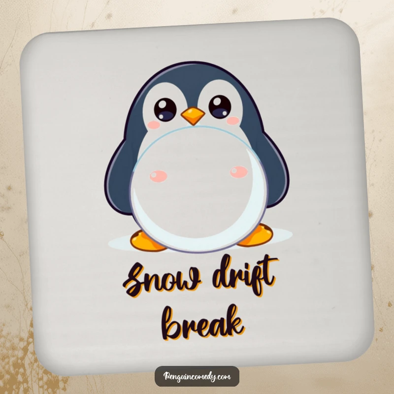 Funny drink coasters featuring a shy penguin peeking from behind a snowball, adding charm and humor.