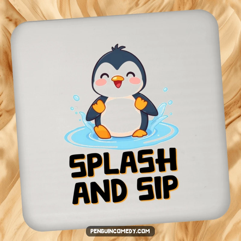 Funny Penguin Splashing Puddle Coaster, a coaster with a penguin joyfully splashing in water, offering funny protection for tabletops.