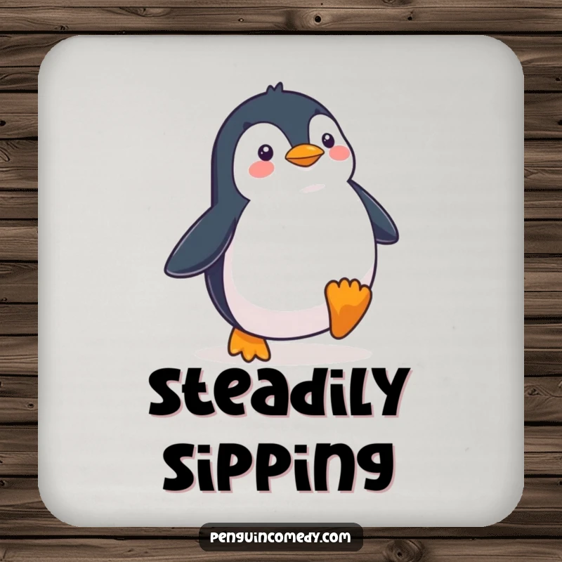 Funny Penguin Waddling Determinedly Coaster, a coaster with a penguin character walking purposefully, offering funny protection for furniture.