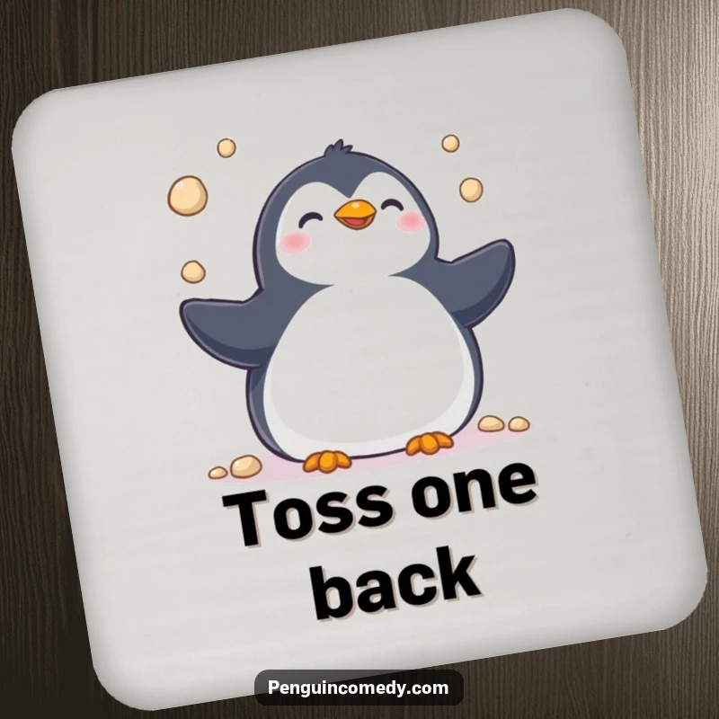Funny drink coasters showing a cheerful penguin juggling pebbles, offering humorous protection for tabletops with a dose of fun.