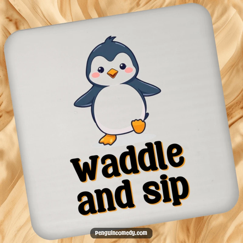 Funny penguin drink coaster with a cute penguin waddling with a happy stride, adding cheerful arctic decor to surfaces.