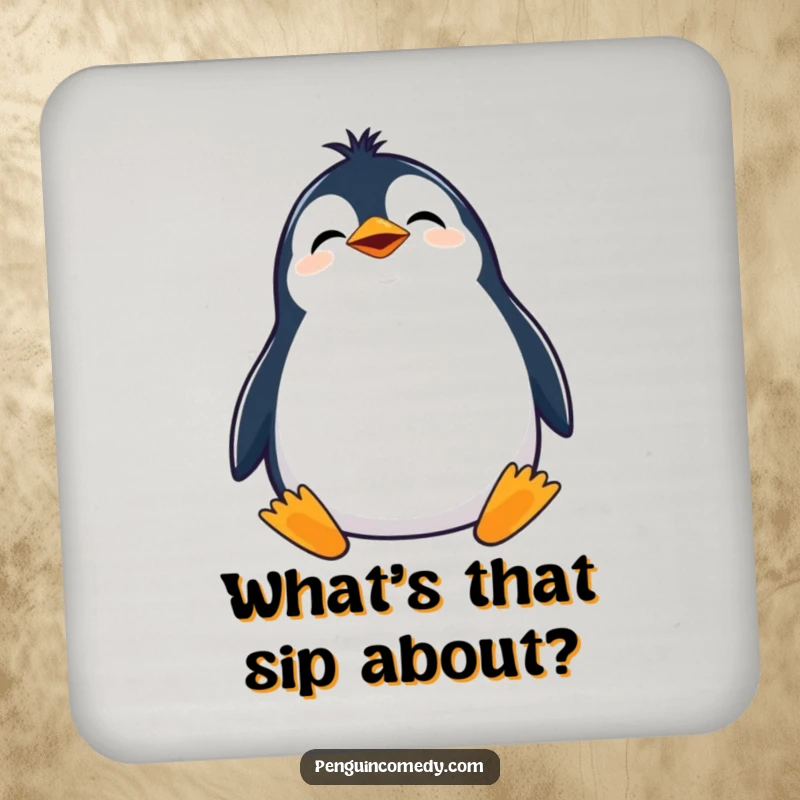 Funny drink coasters featuring a giggling penguin with its head tilted, looking curiously upwards, adding cute decor.