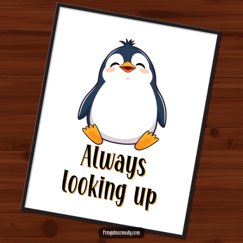 Funny poster print of a giggling penguin with its head tilted, looking curiously upwards with wide-eyed wonder.