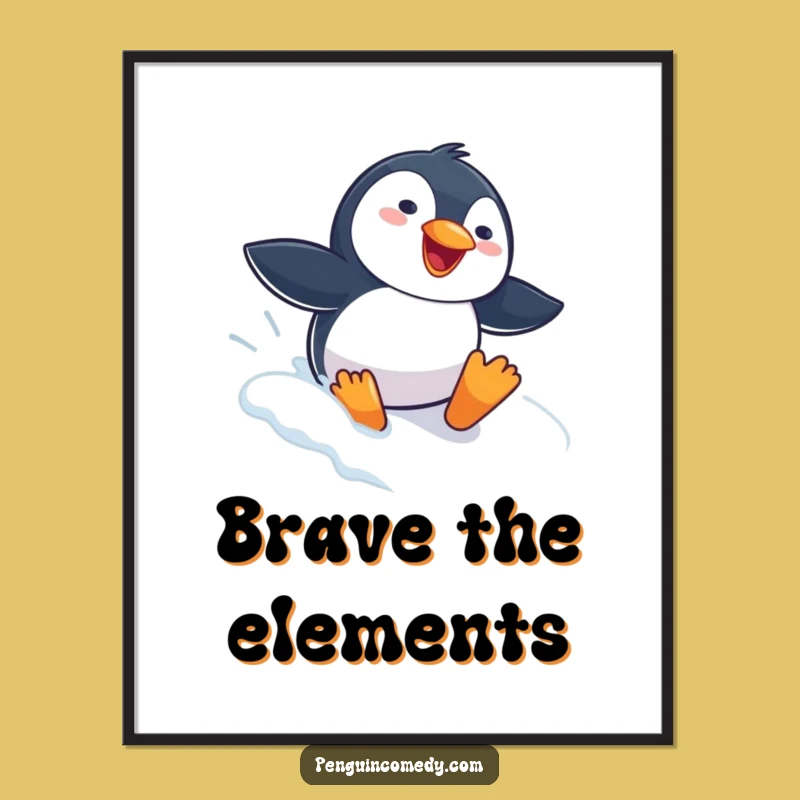 Funny Penguin Sliding Poster: Vibrant Wall Art Capturing Pure Winter Excitement