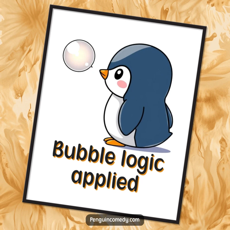 Funny penguin poster, artfully depicting a curious penguin watching a shimmering bubble, creating a humorous and intriguing visual statement.