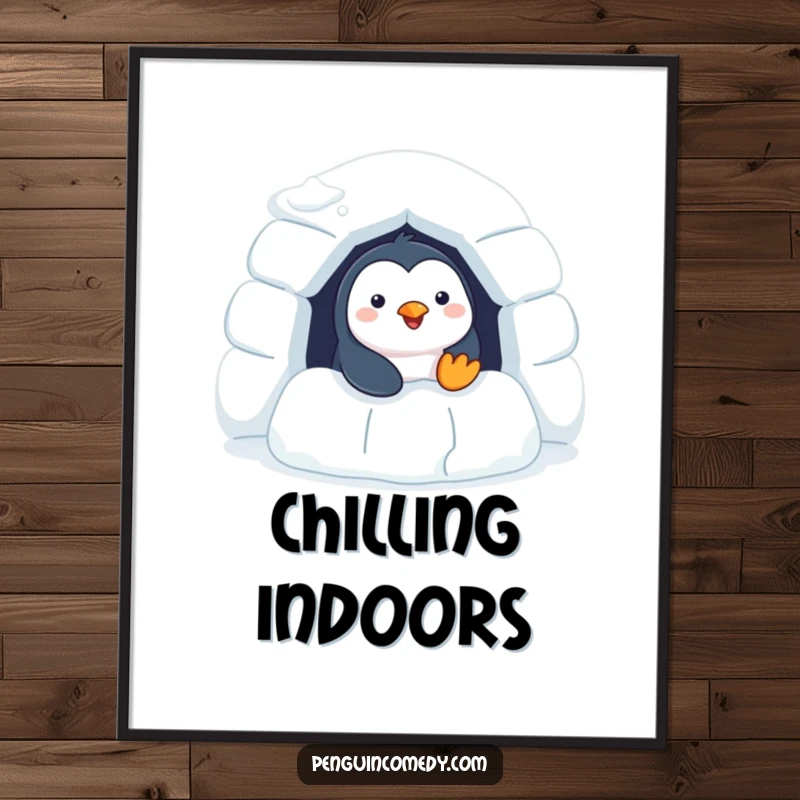 Funny Penguin Poster depicting a cheerful penguin peeking from an igloo, adding joyful arctic charm to decor.