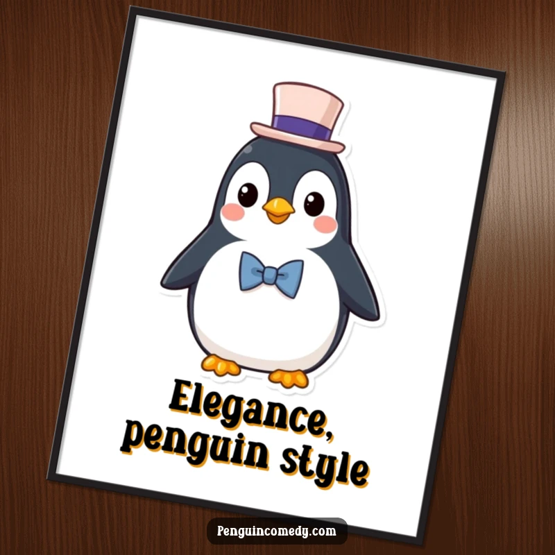 Funny Poster: A distinguished penguin character wearing a small top hat and bowtie, exuding elegance.