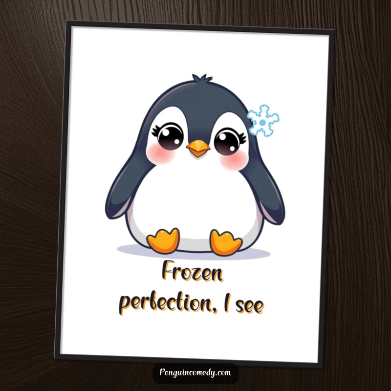 Funny Penguin Poster: A heartwarming depiction of a penguin with wide, innocent eyes gazing upwards at a single, delicate snowflake falling, capturing serene winter beauty.