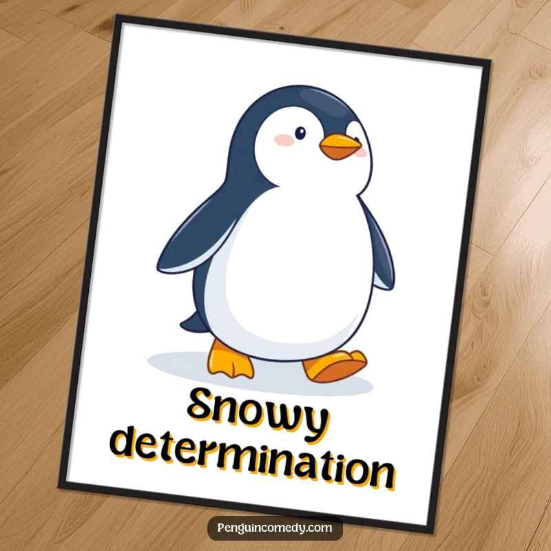 Funny Determined Penguin Poster: A striking image of a penguin with a determined gaze, waddling purposefully through a snowy landscape.