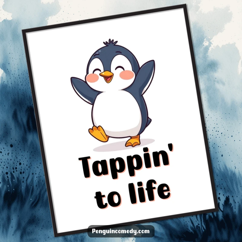 Funny penguin poster showcasing a cheerful bird in a lively dance pose, feet tapping to an unseen beat, full of mirth.