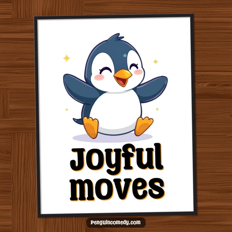 Funny poster art of a penguin dancing with pure glee, bringing vibrant energy and humorous celebration to any room.