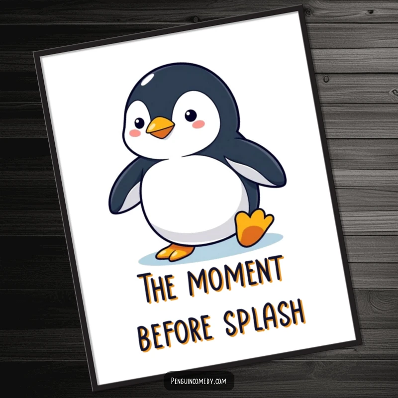 Funny penguin poster depicting a penguin in an alert stance, poised and ready to dive, capturing hilarious determination.
