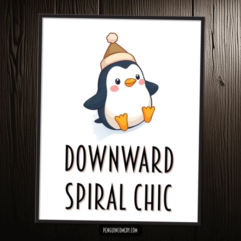 Funny Penguin Hat Poster: A charming illustration of a cute penguin in a tiny hat sliding down an icy slope, full of winter delight.