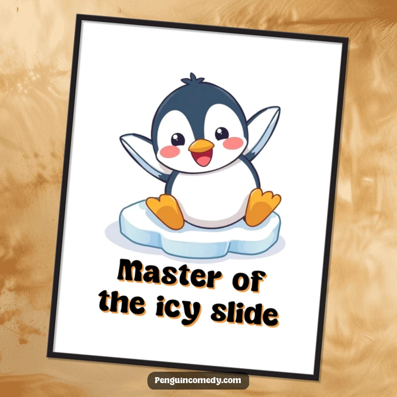 Funny poster illustrating a penguin hilariously sliding headfirst with great speed and joy across a vast, icy landscape.