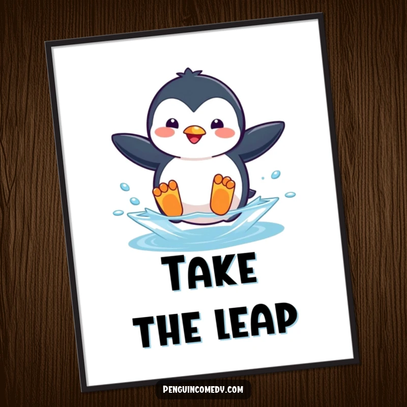Funny poster of a penguin in mid-air, flippers wide, about to splash into the ocean, conveying pure exhilaration.