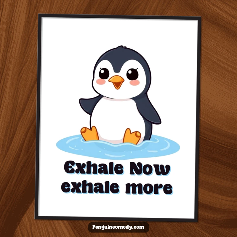 Funny penguin poster depicting an eager penguin squawking joyfully while surfacing from the ocean, capturing hilarious enthusiasm.