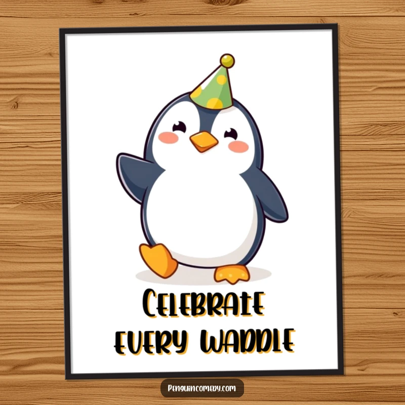 Funny cute penguin wearing a small party hat, waddling with pure joy, presented as a humorous poster for a funny gift.