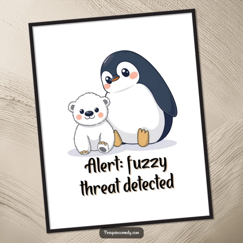 Funny penguin poster depicting a wide-eyed penguin observing a polar bear cub from afar, capturing hilarious suspense and awareness.