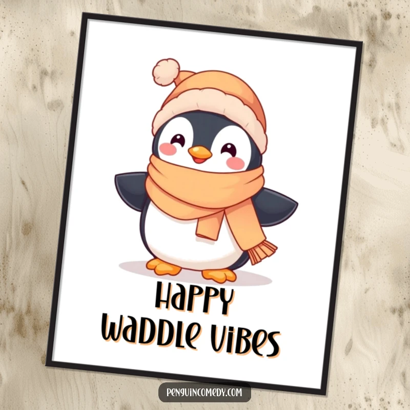 Funny artistic poster of a cute penguin wearing a scarf and hat, waddling happily across a snowy landscape.