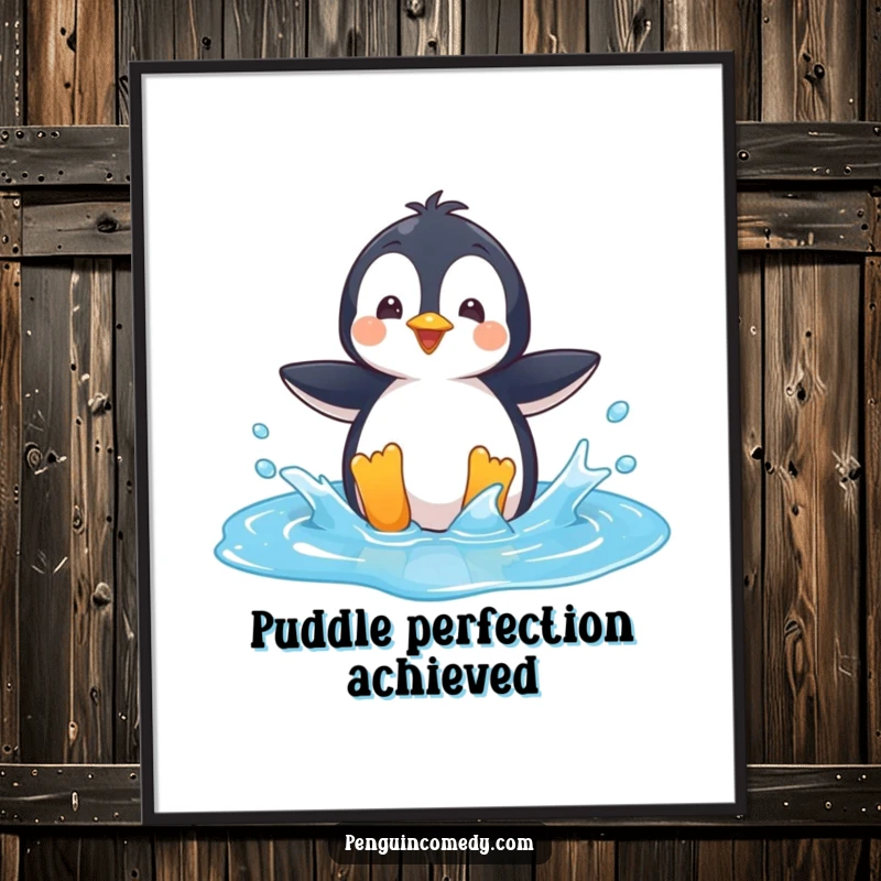 Funny Poster: A playful penguin character splashing water in a bright blue puddle, full of joyous energy.