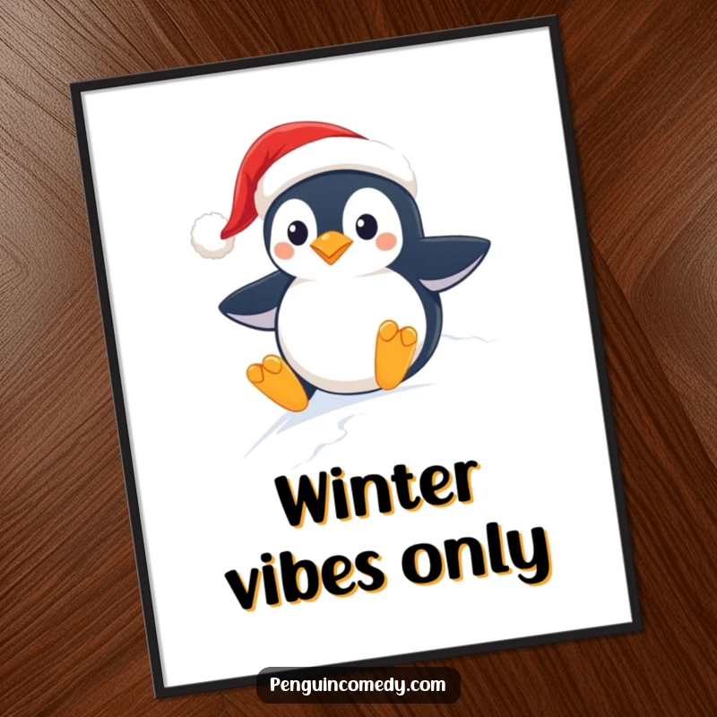Funny and festive poster art of a penguin in a Santa hat sledding with joy down a snowy mountain slope.