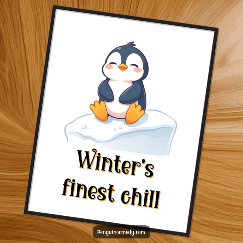 Funny penguin poster illustrating a content penguin sunbathing on a snowy ledge, adding a touch of hilarious winter serenity to decor.