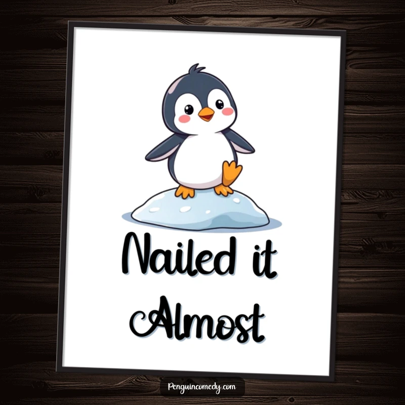Funny Poster: A silly penguin balancing precariously on a slippery surface. Humorous penguin-themed wall art adding comic relief.