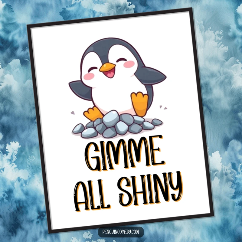 Funny Penguin Rocks Poster: A silly penguin smiles chasing shiny rocks, showcasing adorable pursuit and humor.
