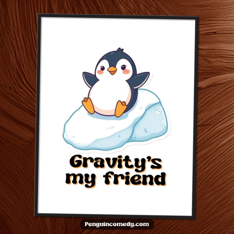 Funny Poster print of a cheerful penguin sliding on its belly down an icy hill, adding a fun winter theme to decor, a great funny gift.
