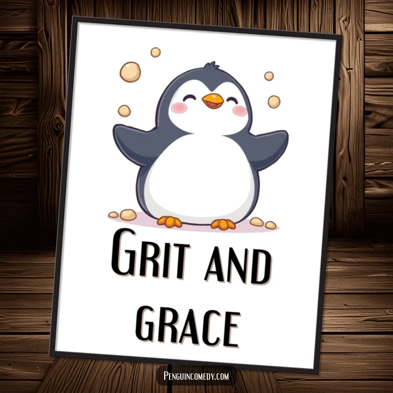Funny poster art of a cheerful penguin juggling pebbles with skill and joy, bringing playful amusement to any wall.