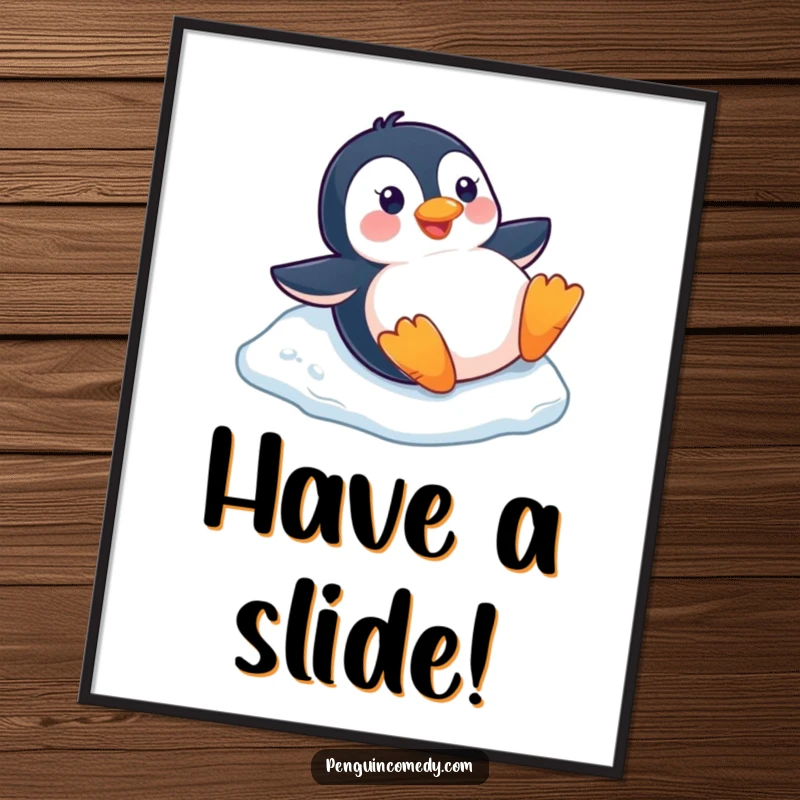 Funny happy penguin sliding down a small ice slope on its belly, presented as a fun winter art poster.