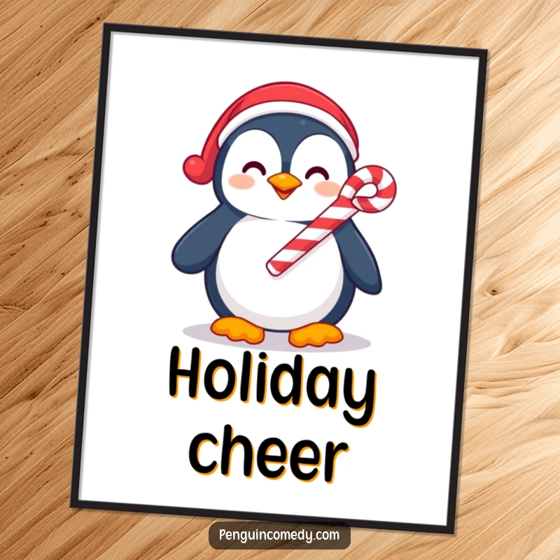 Funny poster art of a smiling penguin holding a candy cane, bringing festive cheer and humorous holiday spirit to any room.