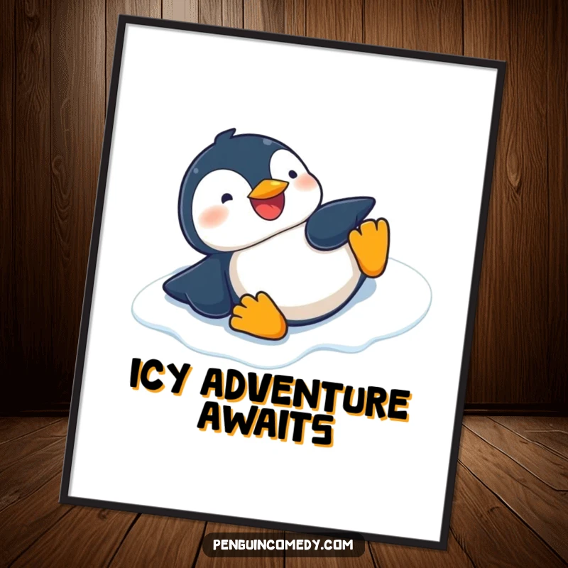 Funny artistic poster of a giggling penguin sliding rapidly on its belly down a slick, icy slope.