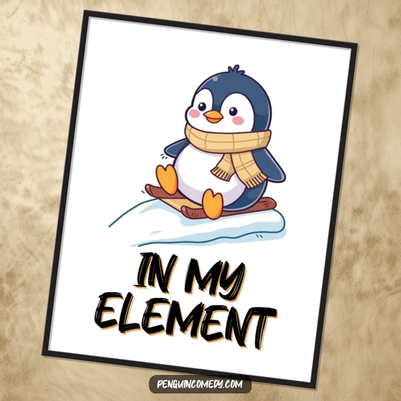 Funny poster illustrating a happy penguin in a scarf, expertly sledding down a smooth, icy slope with pure exhilaration.