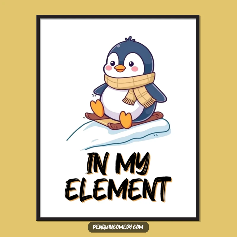 Funny Penguin Sledding Poster - Arctic Animal Art Print Gift