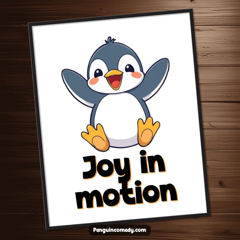 Funny Penguin Poster depicting an excited penguin energetically flapping its flippers, adding joyful arctic charm.