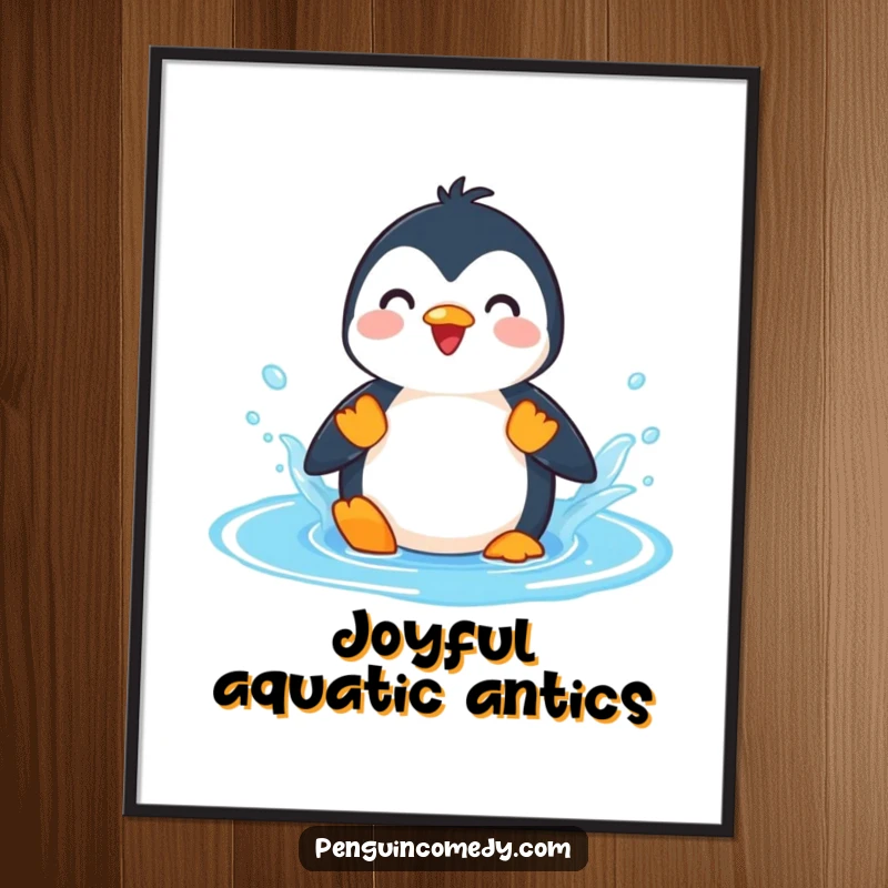 Funny Penguin Splashing Puddle Poster, a lively artwork of a penguin gleefully splashing in a bright blue puddle, evoking happiness and humor.