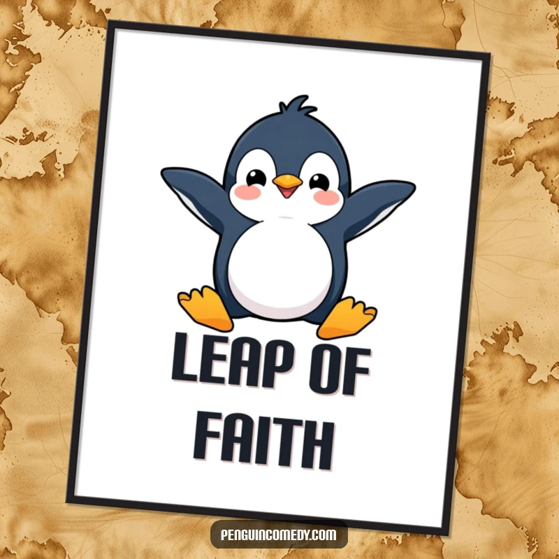 Funny poster print of a happy penguin with flippers spread wide, poised for an enthusiastic dive, full of life.