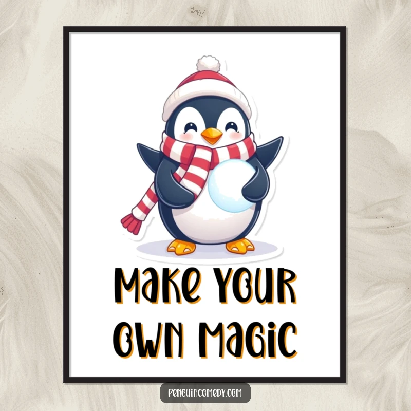 Funny Penguin Poster of a penguin in a festive scarf holding a glowing snowball, capturing the essence of winter magic and cozy charm.