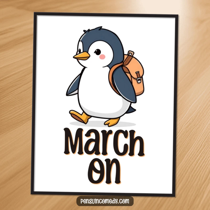 Funny poster art of a penguin with a backpack, marching with determination, bringing a sense of humorous adventure to any room.