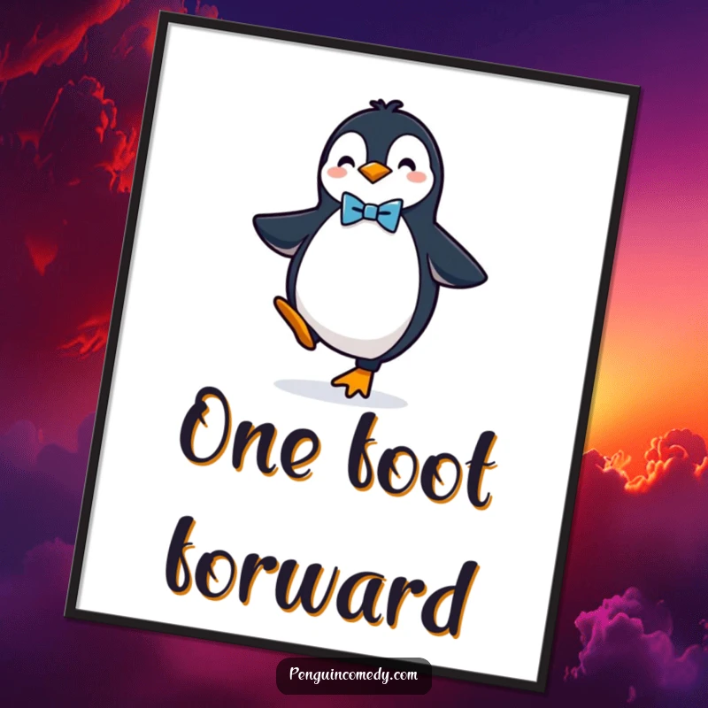 Funny poster showcasing a dapper penguin in a bow tie balancing perfectly, elegant wall art with humor.
