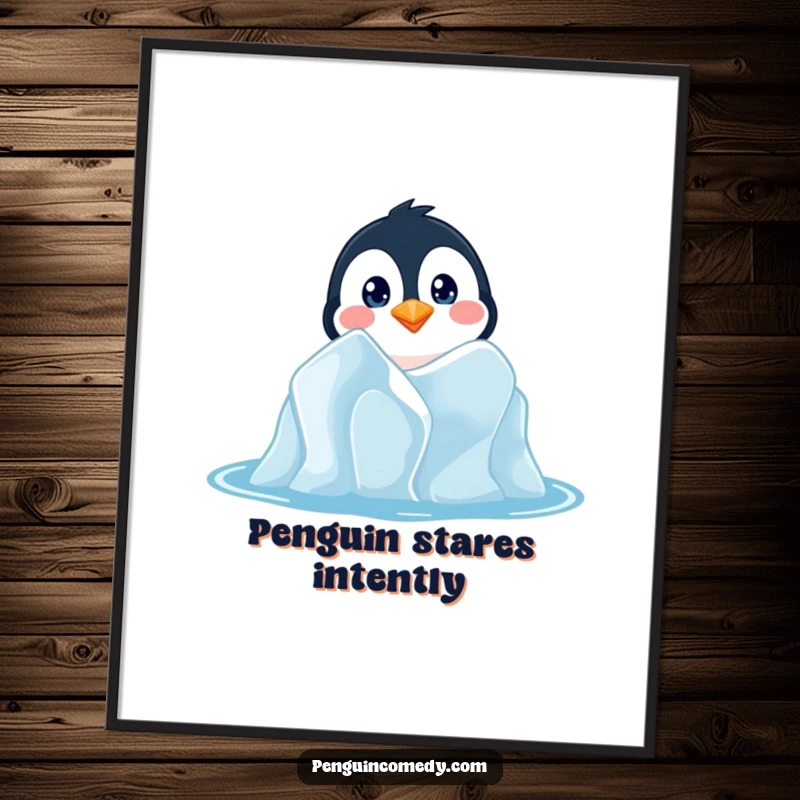 Funny poster print of a curious penguin peeking from an iceberg, adding a whimsical and humorous touch to any room.