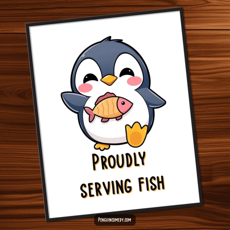 Funny poster featuring a delighted penguin holding a fish icon with a proud expression, perfect for whimsical decor.