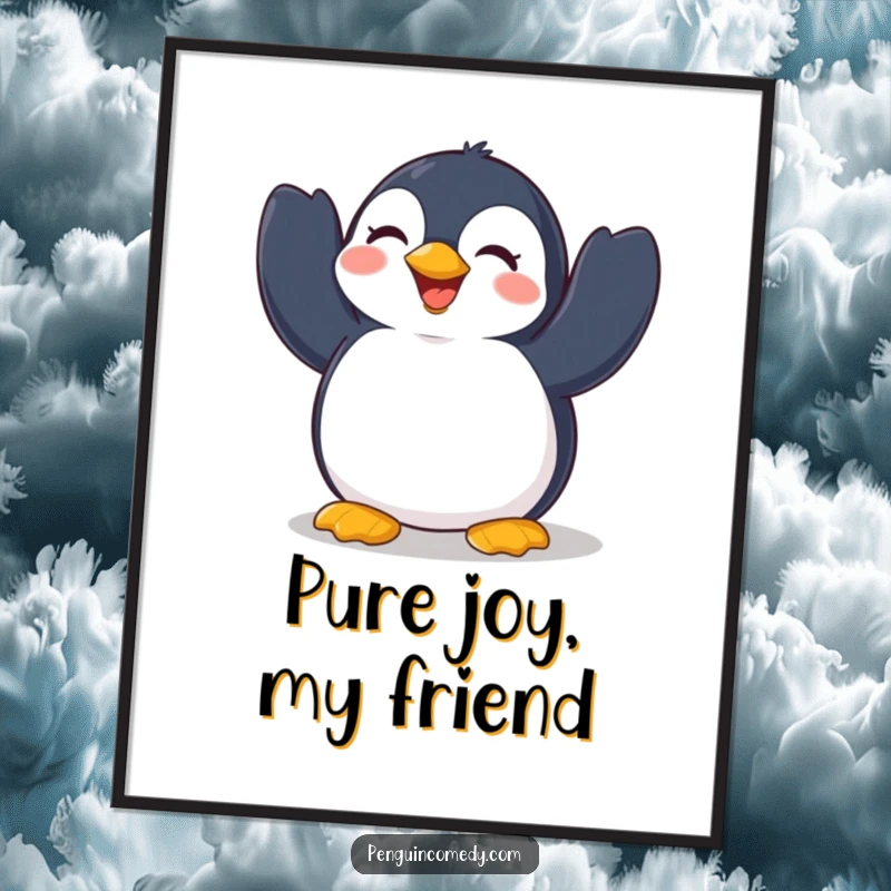 Funny Penguin Poster: A heartwarming illustration of a cheerful penguin enthusiastically flapping its wings with pure delight, capturing vibrant joy and infectious energy.