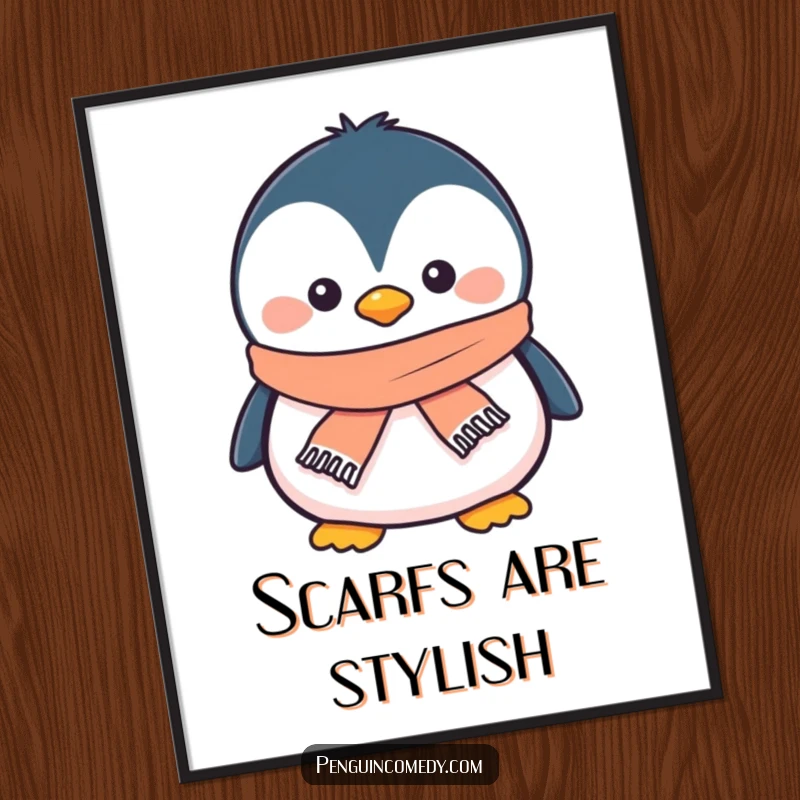Funny penguin poster featuring a smiling penguin wearing a tiny scarf, bringing cozy winter cheer and arctic charm.
